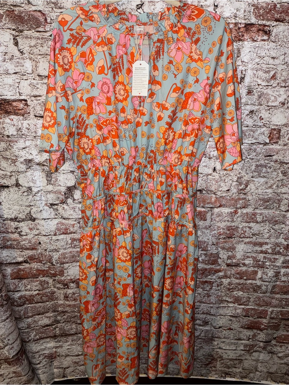 Smocked Waist Floral Midi Dress in Blue with Pink & Orange Flowers